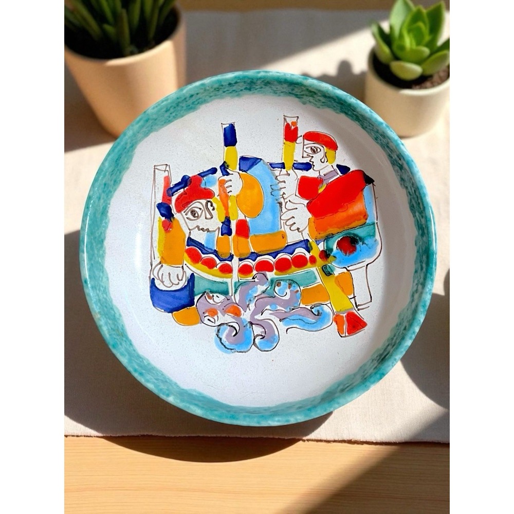 Giovanni DeSimone Pottery Plate 8" Signed Italy Made Colorful Fisherman Animals